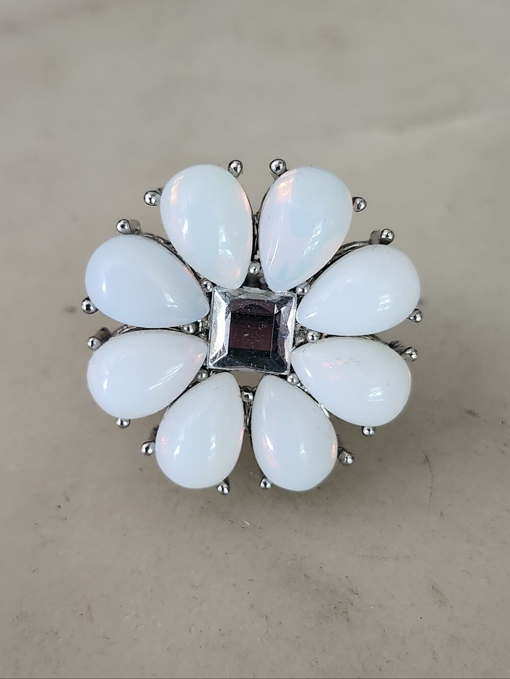White Floral Teardrop Statement Ring